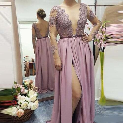 Lace Appliqed See Through Bodice Prom Dresses Lilac Long Sleeves Side Split Evening Gowns Backless Beaded Formal Dresses With Sa