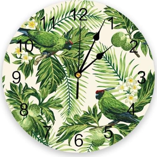 Green Parrot Animal Tropical Plant Flower Wall Clock Kitchen Home Living Room Decorative Kitchen Wall Decor Hanging Clocks
