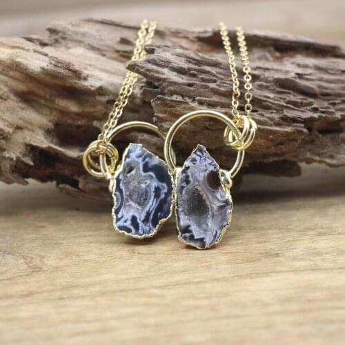 Natual Lace Agates Geode Hoop Pendants Golden Plated Chains,Druzy Drusy Slab Charms Necklace Women Jewelry Dropshipping,QC3084