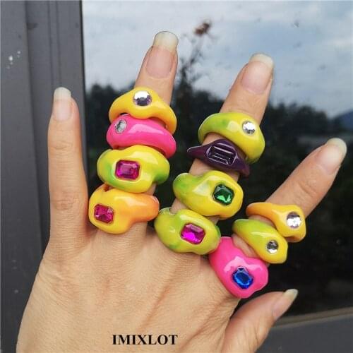 2021 New Harajuku Vintage Punk Candy Color Rhinestone Acrylic Geometric Irregular Rings For Women Bff Summer Party Jewelry Gift