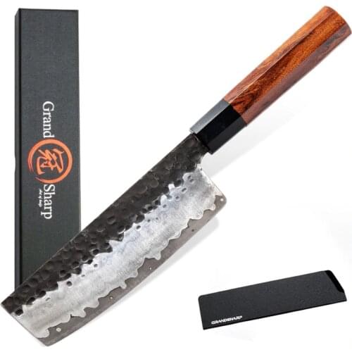 6.7 Inch Nakiri Knife Hand Forged Kitchen Knives Japanese AUS10 3-Layer Steel Natural Wood Handle with Gift Box GRANDSHARP