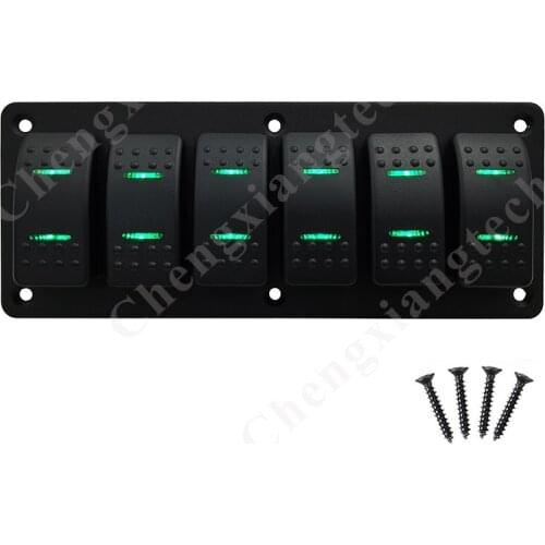 Pre-wired 6 Gang Rocker Switch Panel Sticker 12v 24v Toggle Switch Car Boat Yatch Aluminum Panel IP65 Green Led Rocker Switch
