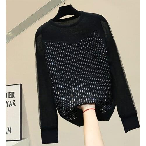 2020 Autumn Winter Womans Pullover Rhinestone Long Sleeve Sweater Ladys Outwear Knit Shirt Fashion Top Solid Color White Black