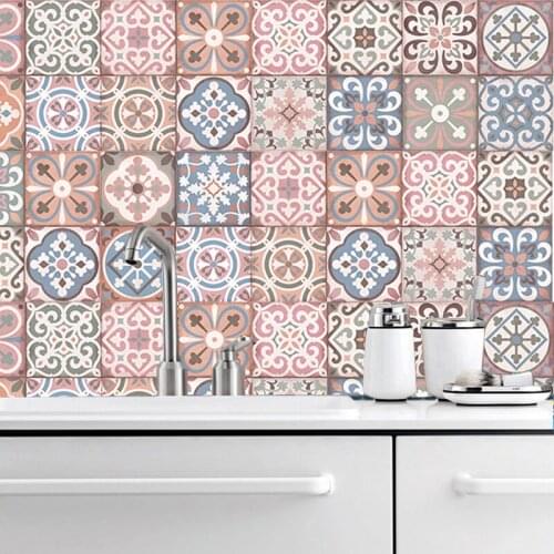 Pink Vintage Porcelain Peel Stick Tile Stickers,Waterproof Bathroom Kitchen Backsplash Wall Sticker Retro Home Decor