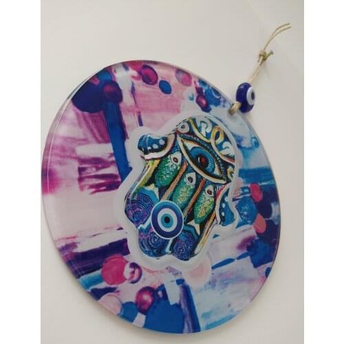 Pink Hamsa Hand Evil Eye 16cm Fused Glass Bead Turkish Big Amulet for Wall Hanging Talisman Charm Protector Boho Home Decor