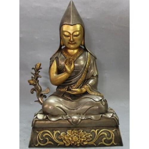 S02452 11"Marked Chinese Purple Bronze 24K Gold Pure Silver Je Tsongkhapa Buddha Statue