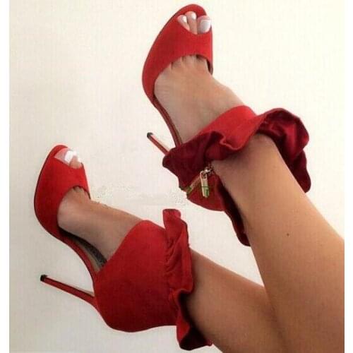 Red suede stiletto heels ruffles peep toe woman pumps spring summer thin high heels sandal cut-outs high heel sexy pumps