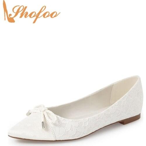 Shofoo Design Brand Embroider Floral Ballet White Flats Lace Casual Point Toe Butterfly-knot Free Shipping Shoes for Women 2021