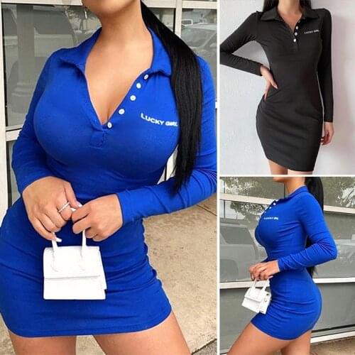 Women Lapel Elastic Soft Slim Dresses Solid Color Casual Sexy Bodycon Dresses Lucky Girl Embroidered Dress