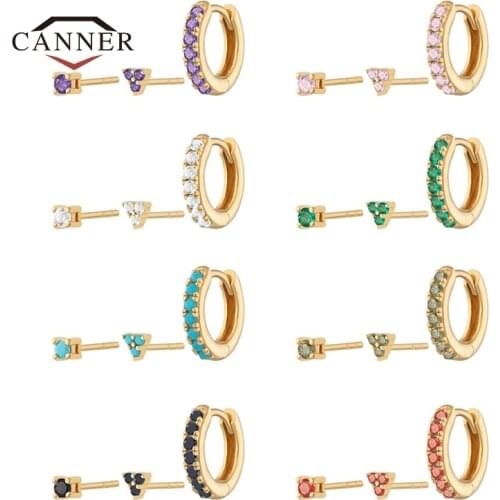 CANNER 3pcs/set 100% 925 Sterling Silver Stud Earrings for Women Small Colorful Zircon Piercing Earring Jewelry Gift Pendientes