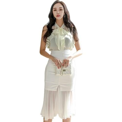 Plus Size Office Work Two Piece Set for Women Off Shoulder Chiffon Blouse and Mesh Patchwork Midi Skirt Ladies Sheer 2 Piece Set