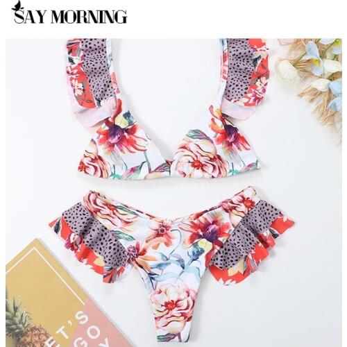SAY MORNING 2021 New Leopard Leaf Pattern Multicolor Printing Ruffled Split Sexy Wooden Ear Side Bikini Swimsuit Bathing Suits
