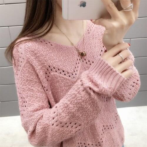 Top V-collar Sweater Female Spring Garment 2019 Female Wear Westernized Bottom Shirt Thin Hollow-out Knitted Sweater