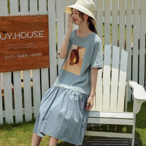 2021 Summer Simple Blue Loose Oversize Thin T-shirt Dress New Casual Elastic O-neck Cotton Women Short Sleeve Top Free Shipping