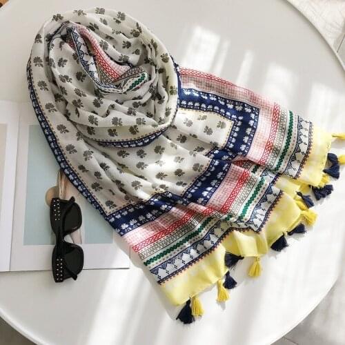 New print bohemian flower fashion soft women scarf/scarves colorful tassels wraps shawls hijab viscose muslim bandana 10pcs