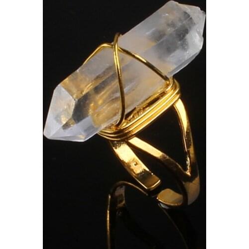 100-Unique 1 Pcs Light Yellow Gold Color Wire Wrap Rock Crystal Quartz Point Stone Ring Resizable Size Jewelry