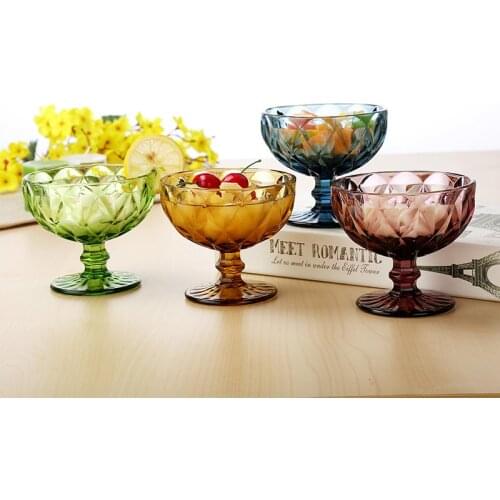 4Pcs/Set Creative Color Embossed Glass Cup Ice Cream Cup Salad Bowl Goblet Milkshake Juice Cup Whiskey Cups Lead-Free Glass Cup