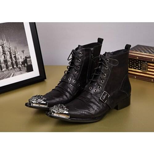Korean Style Metal pointed toe Buckle Genuine leather Height Increasing Lace Martin Boots Winter Shoes