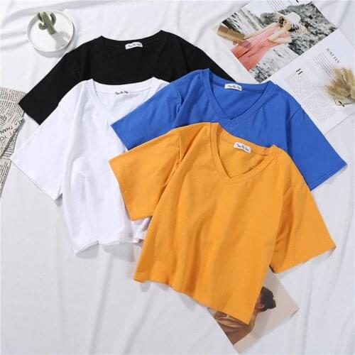 Cotton V Neck Solid Color Female T Shirt Casual Top High Waist Tee Slim Basic Tees Top Summer Streetwear White Women Tshirt