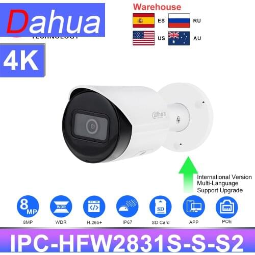 Dahua Camera 8MP IP CAMERA IPC-HFW2831S-S-S2 4K POE SD Card Slot H.265+ 30M IR IVS IP67 Starlight Bullet Network Camera