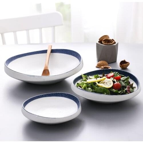 Simple Style Irregular Ceramic Bowl With Blue Rim Bowl Porcelain Dish Rice Bowls Creative Restaurant Household Bowl