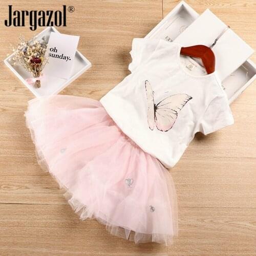 2019 Summer Girls Cotton Clothes Set Pink Butterfly T Shirt Embroidery Skirt 2 Pieces Set Children Clothing Sets Drop Shipping