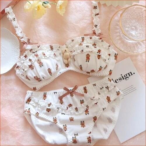 Women Cotton Lingerie Girls Bra Panties Set Thin Breathable Soft Japanese Lolita Cute Cartoon Teddy Bear Underwear Wire Free Bra