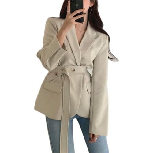 Korean Fashion Belted Women Blazers Coats 2020 Autumn Long Sleeve Single-breasted Casual Solid Female Jackets Tops Blazers Femme