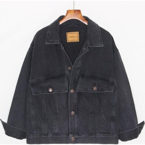 Korean Loose Big pocket Long sleeve Vintage Washed Black Denim Jacket Women Outerwear Spring Casual Oversize Female Basic Coat
