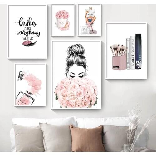 Nordic Pink Wall Art Canvas Painting Poster Perfume Books Lashes Black Lips Women Poster Print Picture Modern Salon Beauty Decor