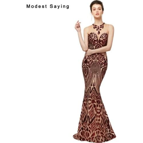 Luxury Dark Red Sexy Sheer Mermaid Floral Sequins Lace Evening Dresses 2018 Illusion Neck Party Prom Gown vestido de festa longo
