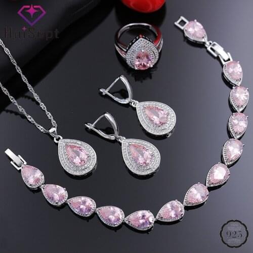 HuiSept Luxury Jewelry Set 925 Silver Jewelry Water Drop Pink Zircon Gemstones Ring Earrings Necklace Bracelet for Women Wedding