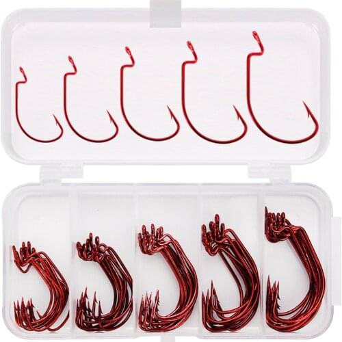 50Pcs/Box Wide Crank Offset Fishing Hook Carbon Steel Red Barbed Fishhook For Soft Worm Lure 2#-3/0# Carp Fishing Tackle Hooks