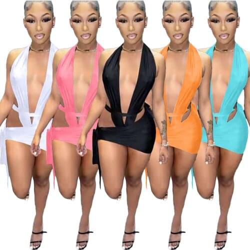 Sexy Bikini Two Piece Set Summer Women Swimwear Irregular Solid Color Halter Hollow Out Bandage Backless Bag Hip Beach Swimsuit