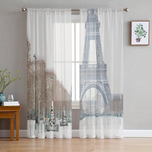 Snowy Paris Street Eiffel Tower Tulle Sheer Window Curtains for Living Room Kitchen Children Bedroom Voile Hanging Curtain
