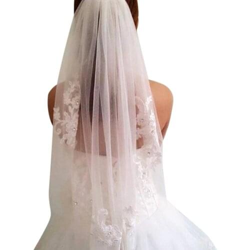 Wedding Veils Bridal Veils Short One Layered Waist Length Beaded Diamond Applique White