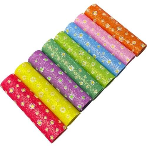 Glow in the Dark Bright Shiny Color Daisy Flower Printed Fine Glitter Faux Leather Fabric Sheets for Shoe/Garment/Bag/Craft