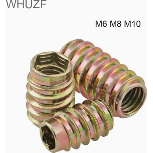 WHUZF 10/20Pcs M6 M8 M10 Carbon Steel Thread For Wood Insert Nut Flanged Hex Drive Head Furniture Nuts