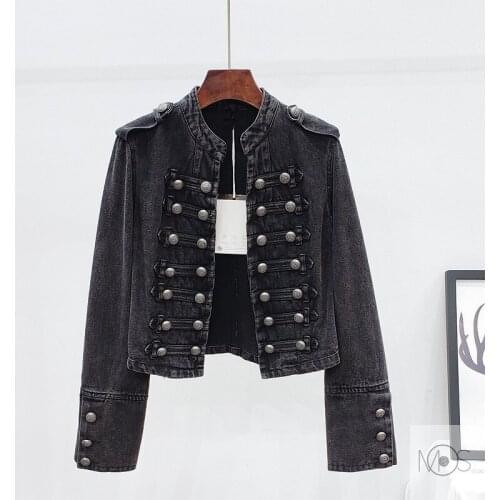 Autumn Vintage Stand Collar Denim Jackets Women Outerwear Moto Biker Double Breasted Slim Short Black Jeans Jacket Coat Female