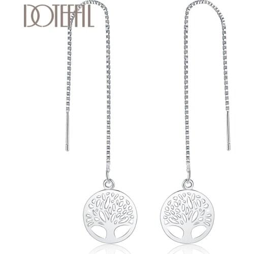DOTEFFIL 925 Sterling Silver Circle Round Tree Drop Earring For Women Lady Wedding Engagement Party Fashion Jewelry