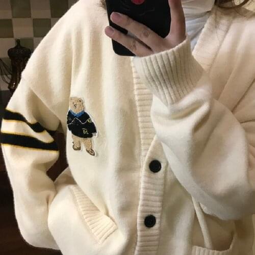 Knitted preppy style cute sweater women winter embroidery Korean kawaii casual V-neck button cardigan Harajuku knitted sweater