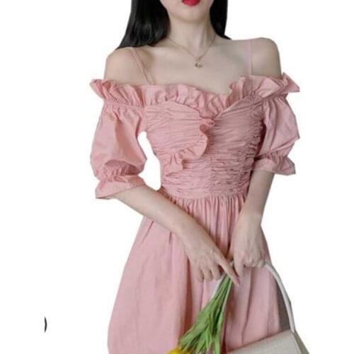 Lolita princess tea party sweet lolita dress sexy pink ruffled dress female high waist bubble sleeve kawaii girl gothic lolita