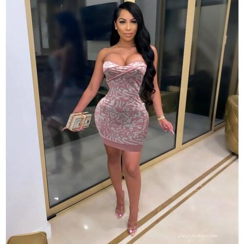 2021 High Quality New Design Dress Print Slash Neck Strapless Summer Sexy Celebrity Party Mini Dress Vestidos