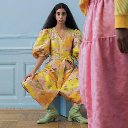 Sweet Fancy Colorblock Lurex Jacquard Brocade Babydoll Mini Dress Ruched Mock Neck Lantern Long Sleeve A-line Oversized Gown