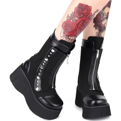 Winter Fashion Women Lolita Stitching Motorcycle Boot Female Foam Platform Horseshoe High Heel Shoes Rivet Punk Boots