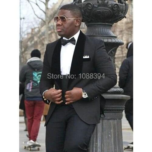 2018 New Design Formal Black Business Party Suits Velvet Shawl Lapel Groomsmen Tuxedos Mens Suits Wedding Groom Bridegroom