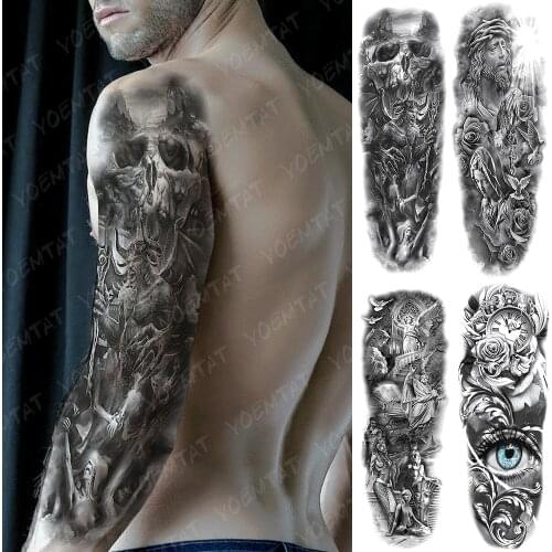 Large Arm Sleeve Tattoo Hell Devil Satan Lucifer Waterproof Temporary Tatto Sticker Praying Angel Body Art Full Fake Tatoo Men