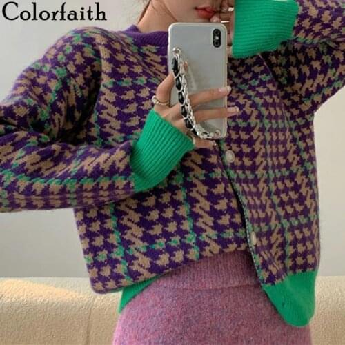 Colorfaith New 2021 Womens Autumn Winter Sweaters Elegant Cardigans Checkered Fashionable Vintage Thicken Lady Tops SWC1564JX