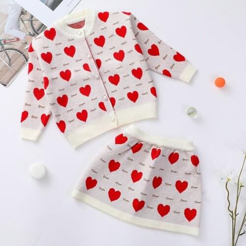 FOCUSNORM 2-6Y Valentines Day Baby Girls Princess Clothes Sets Heart Print Long Sleeve Single Breasted Sweater Tops Skirts
