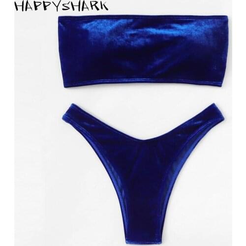 HAPPYSHARK Violet Bikinis 2019 New Bandeau Swimwear Women Sexy Blue High Cut Brazilian Thong Bikini Summer Army Green Biquinis